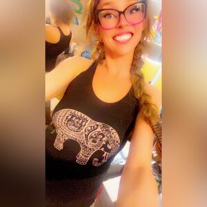 Black Tank with Eclectic Cultural Elephant Design